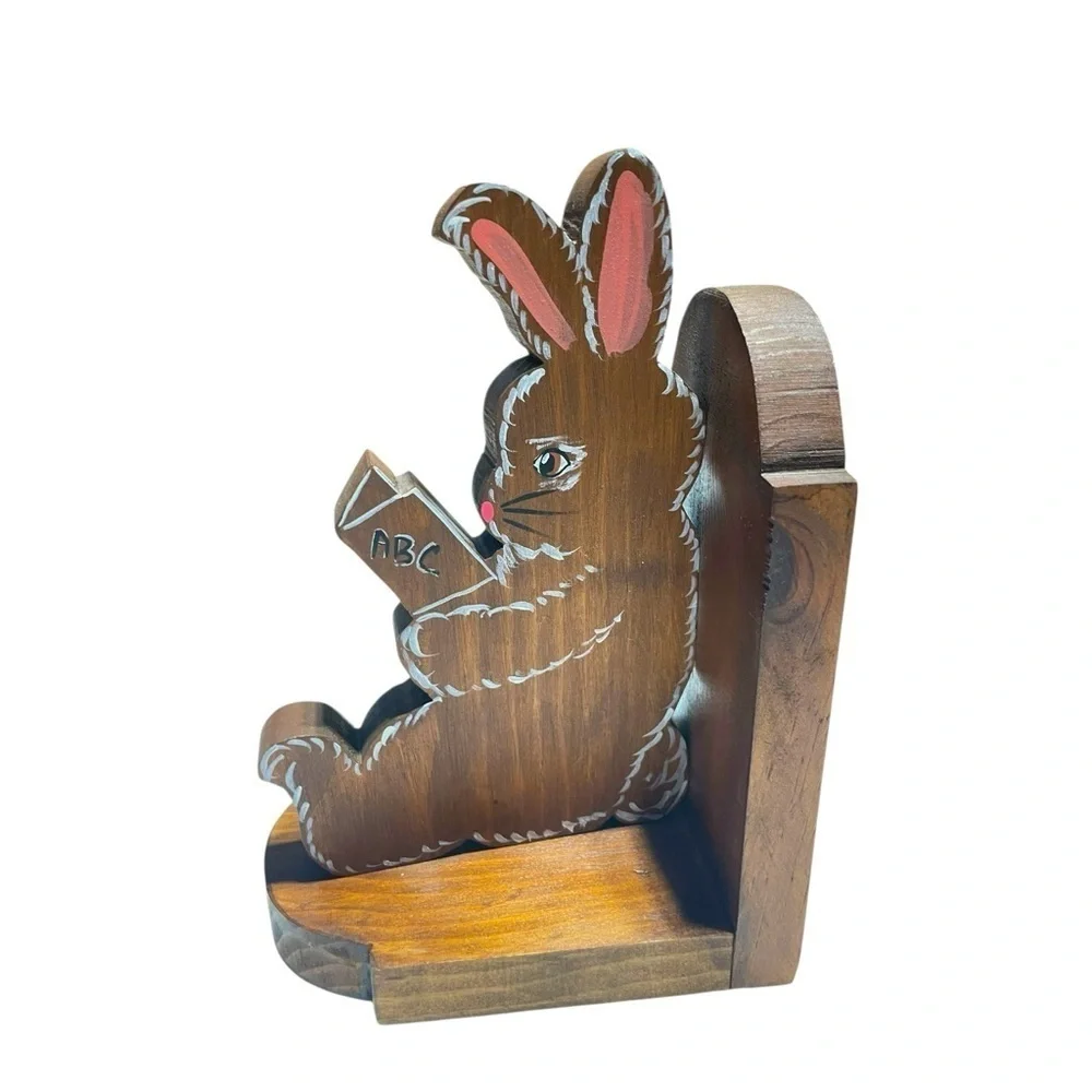 VTG Handmade Solid Wood Bunny Rabbit Bookends Hand Painted 8